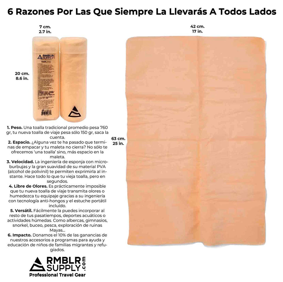 Toalla de Viaje - Alto Desempeño - PVA - Ligera Portátil Secado Instantáneo - Para Todo Tipo de Viaje o Vacaciones Playa Alberca Natación Camping Pesca Hiking Turismo Viajeros Caminata Backpacking Mochileros Ramblers Hombre y Mujer By RMBLR Supply
